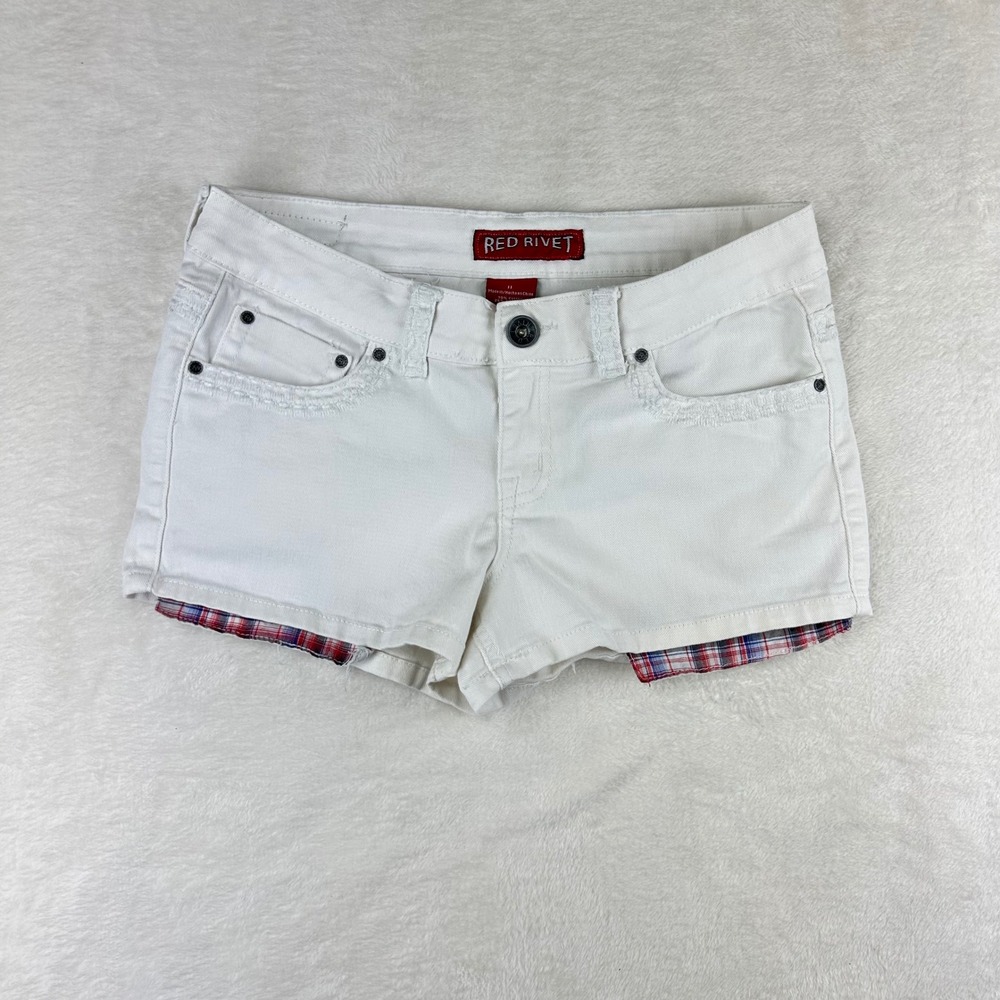 Y2K Red Rivet Denim Shorts Juniors White Plaid Slim 11 White Cotton Skater
